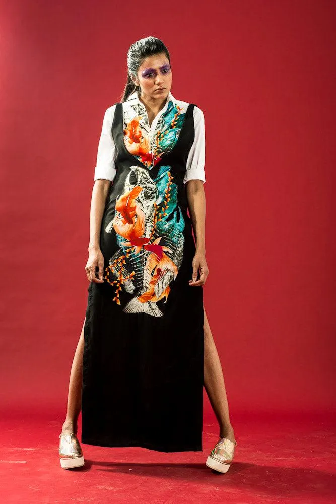 Multi Coloured Fish Print Black Dress