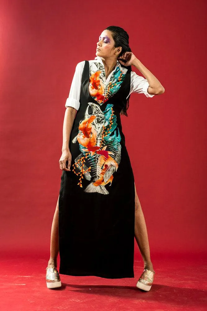 Multi Coloured Fish Print Black Dress