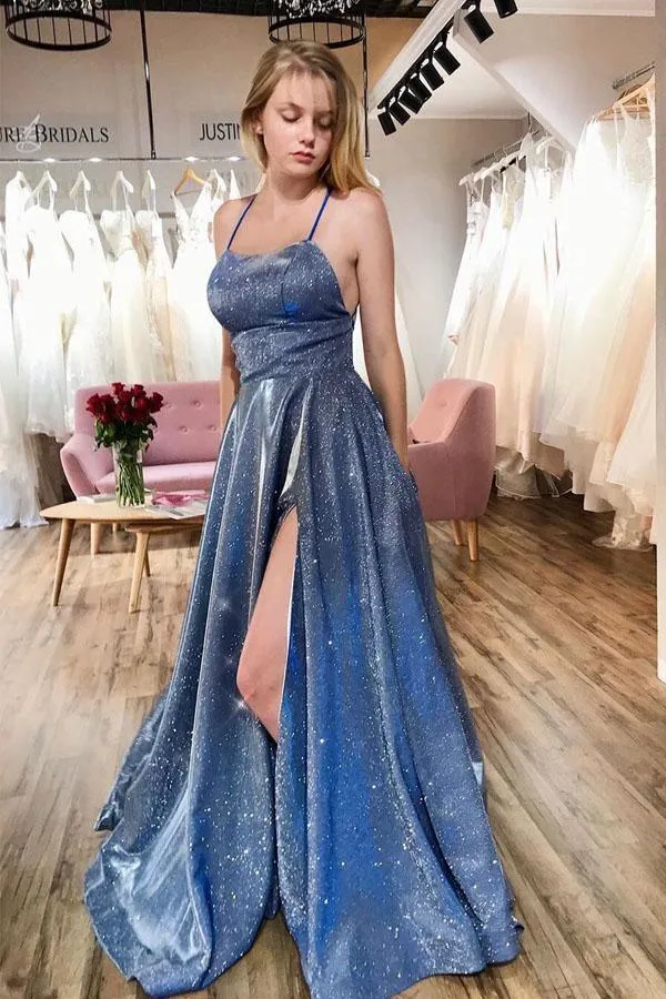 Navy Blue Long Prom Dresses with Pockets Split Evening Dresses PSK188