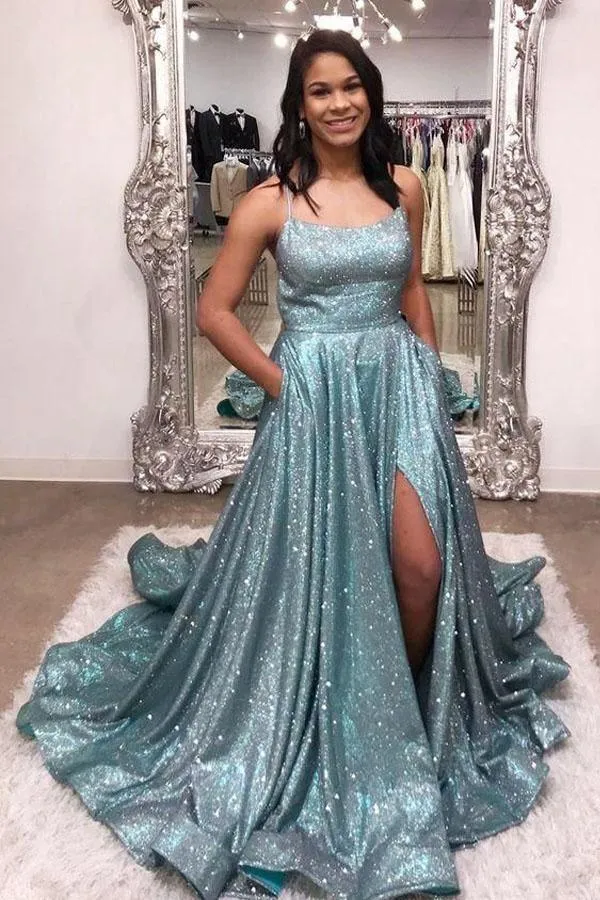 Navy Blue Long Prom Dresses with Pockets Split Evening Dresses PSK188