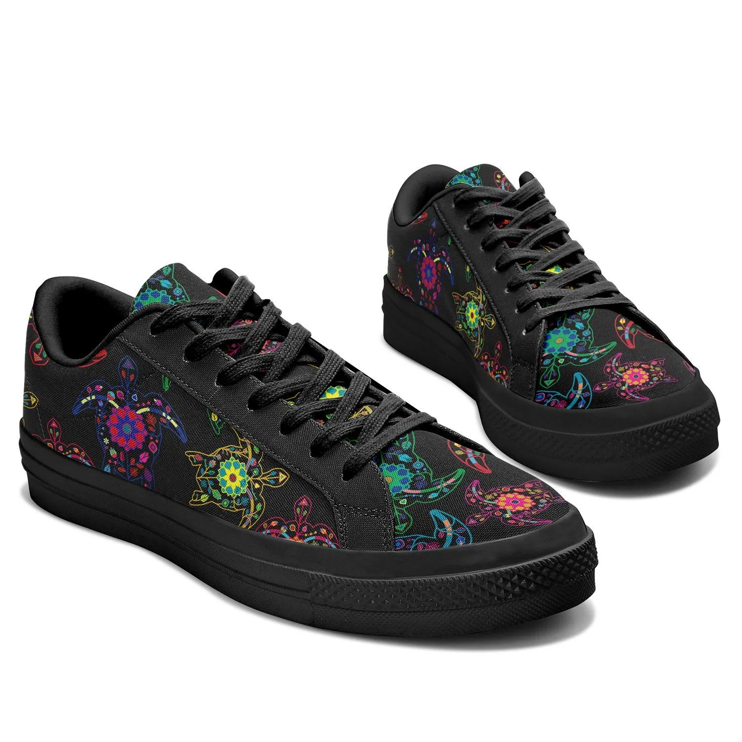 Neon Floral Turtles Aapisi Low Top Canvas Shoes Black Sole