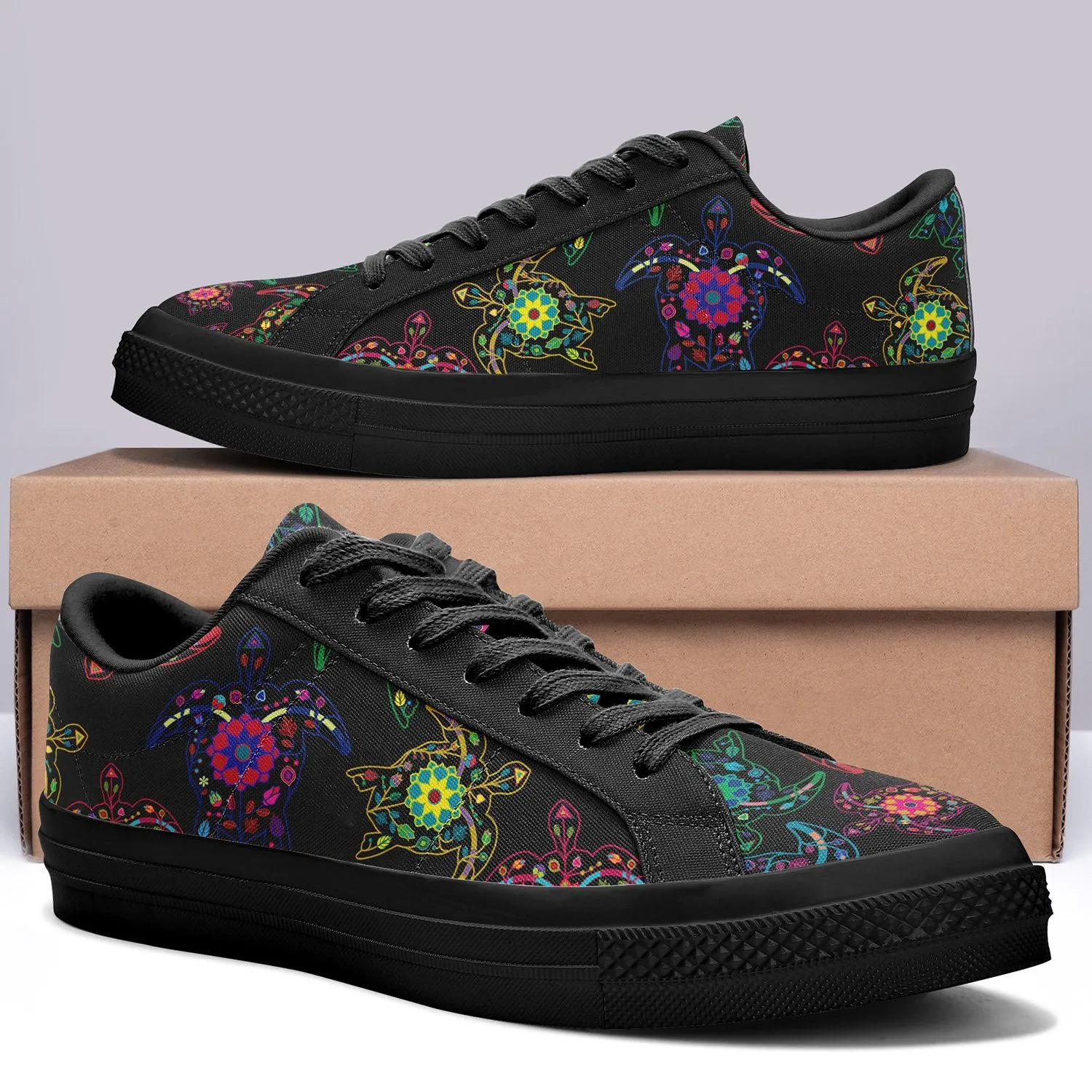 Neon Floral Turtles Aapisi Low Top Canvas Shoes Black Sole