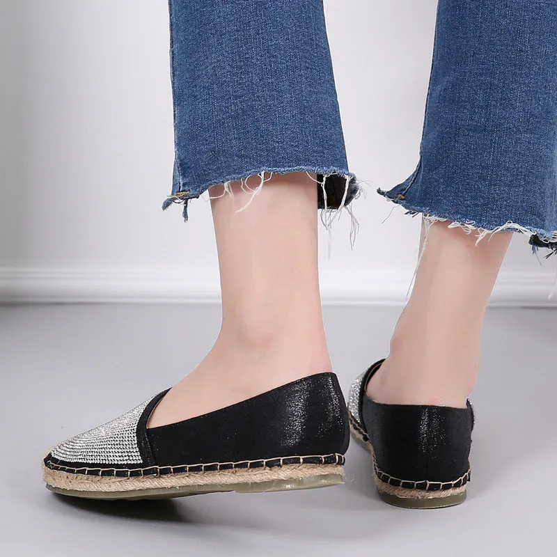 New Korean Style Women's Shoes With Rhinestones, Straw Woven Rope Fisherman Shoes, Women's Lazy Shoes