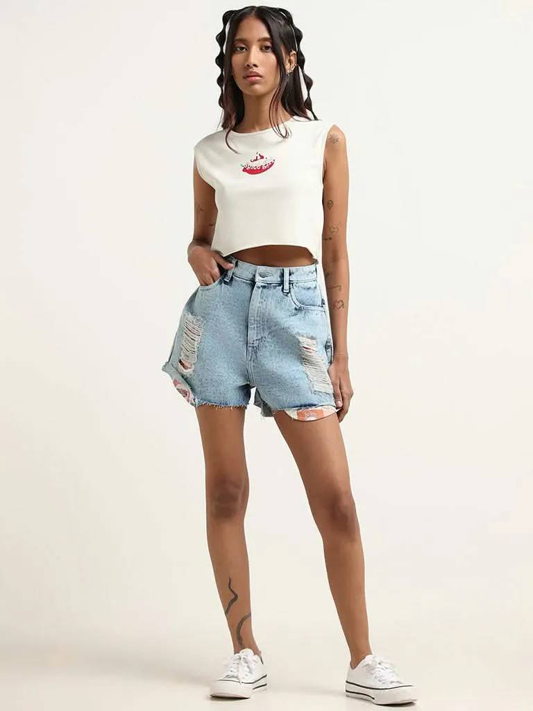 Nuon Off White Contrast Cotton Blend Crop T-Shirt