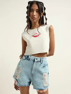 Nuon Off White Contrast Cotton Blend Crop T-Shirt