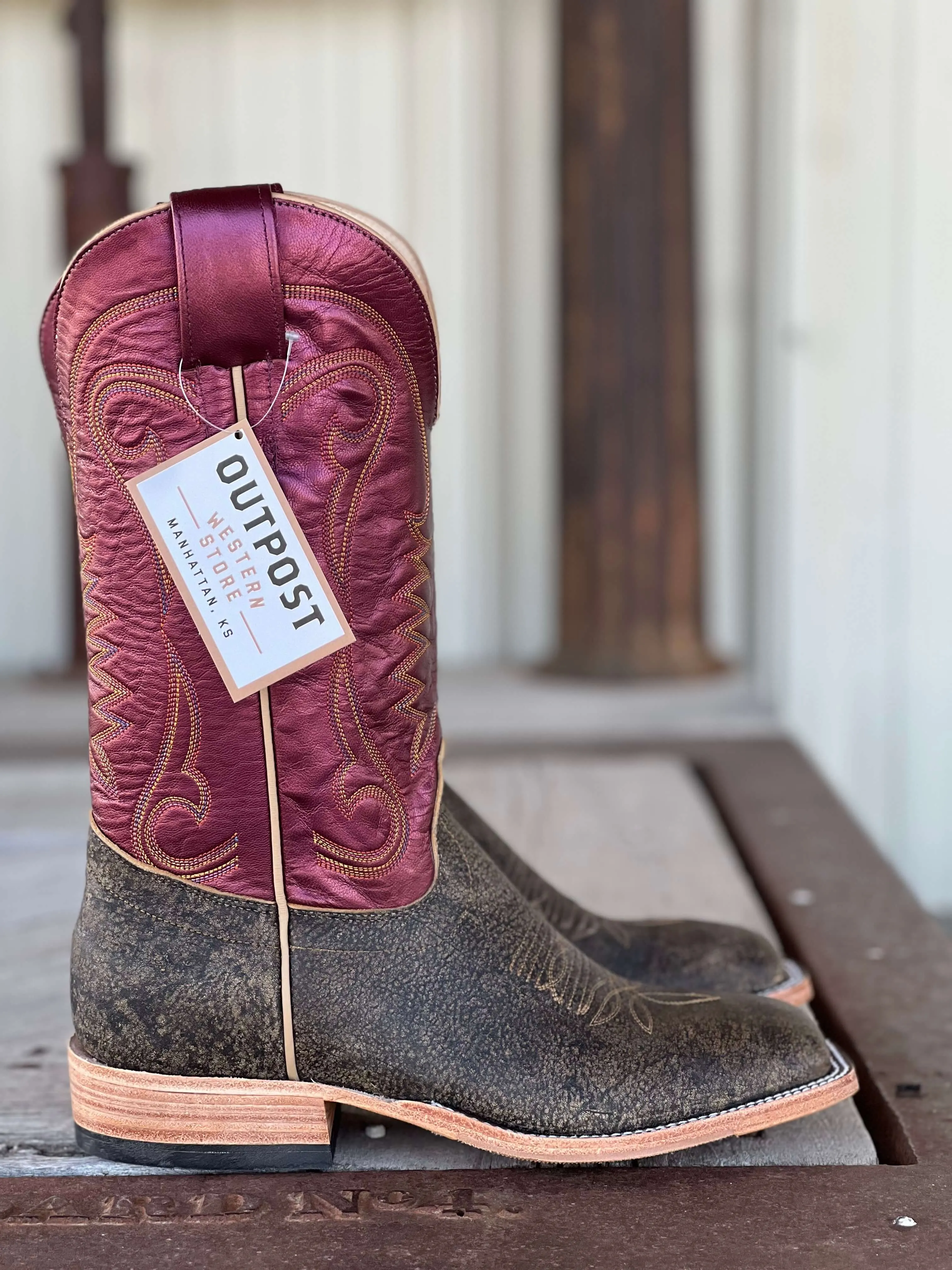 Olathe Boot Co. | Antique Saddle Safari Giraffe Sangria Luster Boot