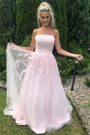 Pink Tulle A-line Strapless Prom Dress With Lace Appliques