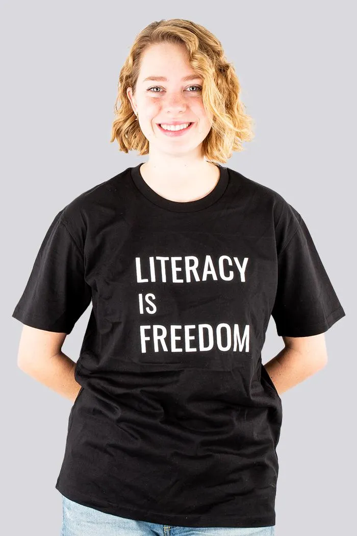 "Literacy is Freedom" Black Cotton Crew Neck Unisex T-Shirt