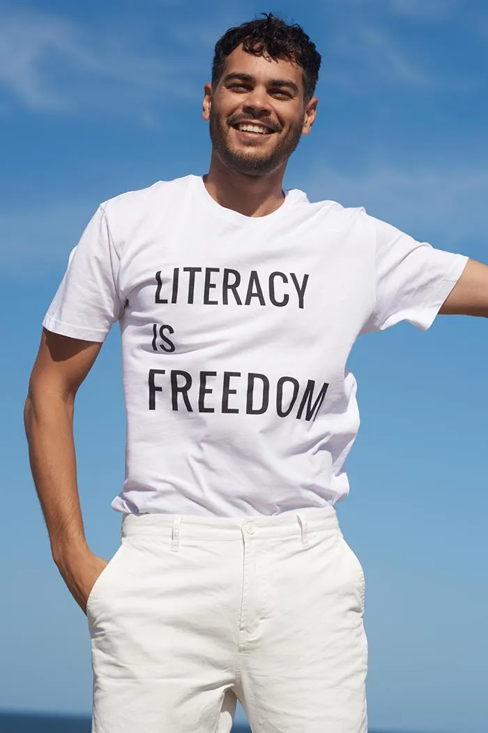 "Literacy is Freedom" White Cotton Crew Neck Unisex T-Shirt