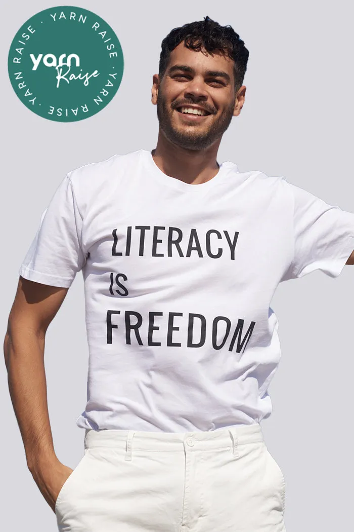 "Literacy is Freedom" White Cotton Crew Neck Unisex T-Shirt