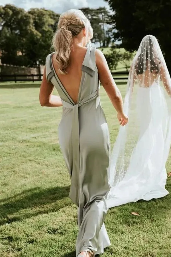 Sheath V-Neck Sage Green Bridesmaid Dresses with Bow Tie BD139