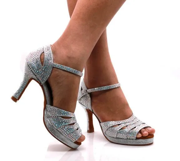 Silver Glitter Rhinestone Samba Platform Dance Heels