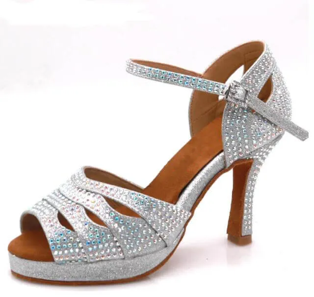 Silver Glitter Rhinestone Samba Platform Dance Heels