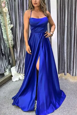 Simple Blue Satin A-line Long Prom Dresses With High Slit, Evening Gowns,party dresses for women