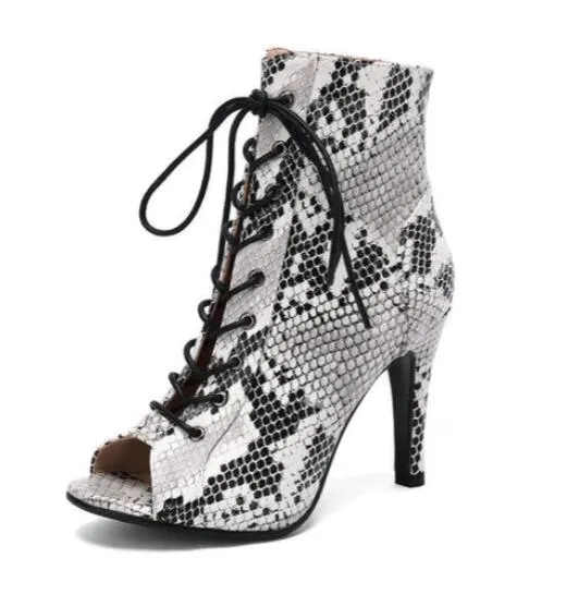 Snakeskin Print Jazz Dance Boots Lace Up Dance Booties