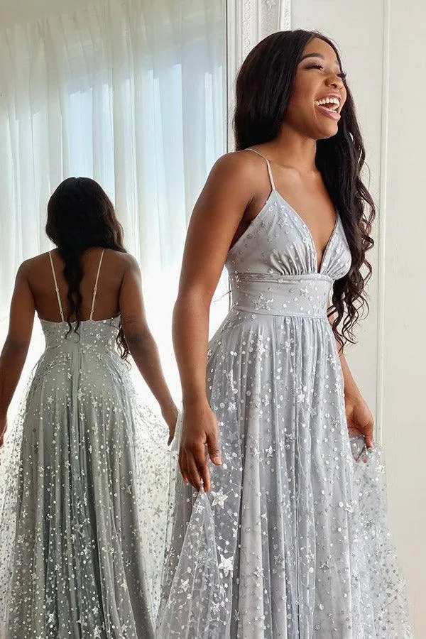 Spaghetti Straps Long Silver Tulle Prom Evening Dress With Split PSK369