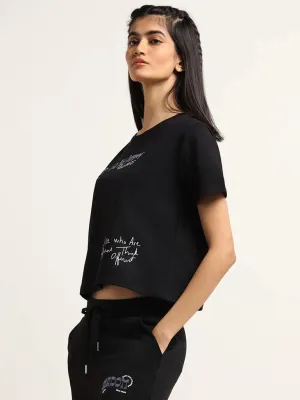 Studiofit Black Printed Loose Fit T-Shirt