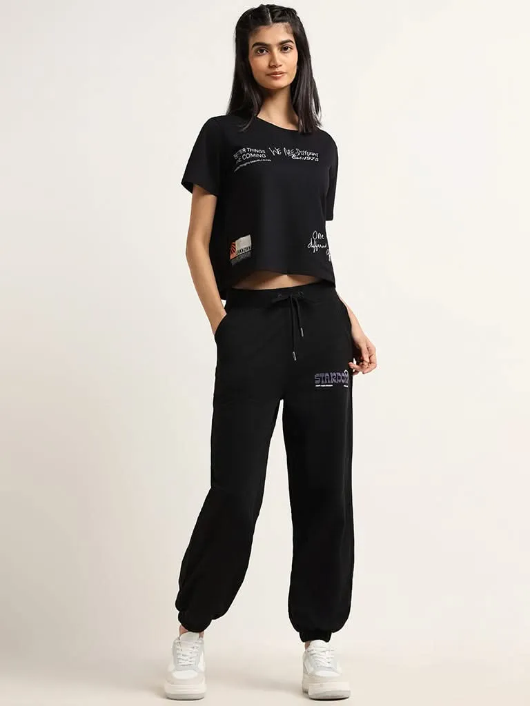 Studiofit Black Printed Loose Fit T-Shirt