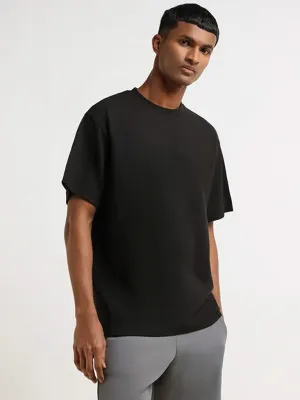 Studiofit Black Self Pattern Cotton Blend Relaxed Fit T-Shirt