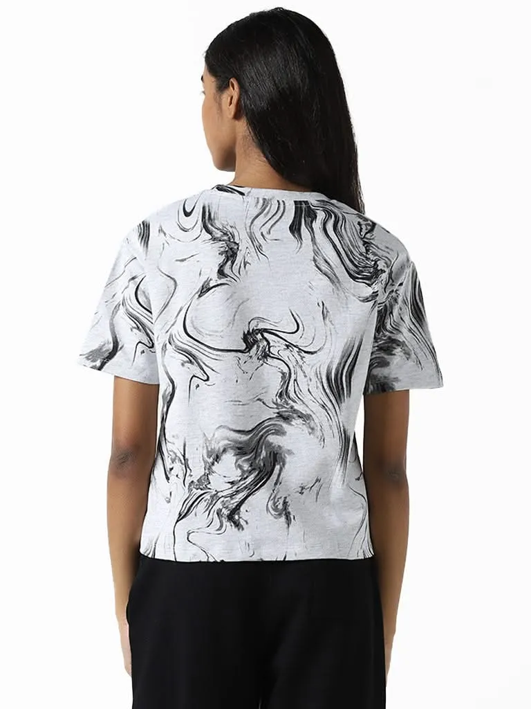 Studiofit Wavy Printed Off-White Cotton T-Shirt