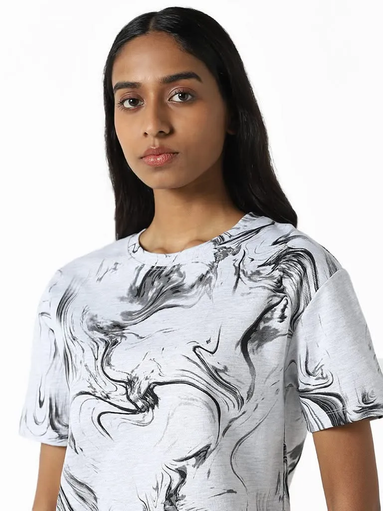 Studiofit Wavy Printed Off-White Cotton T-Shirt