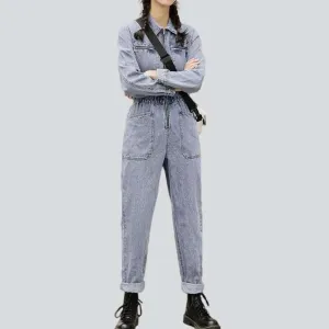 Stylish bleached women's jean jumpsuit