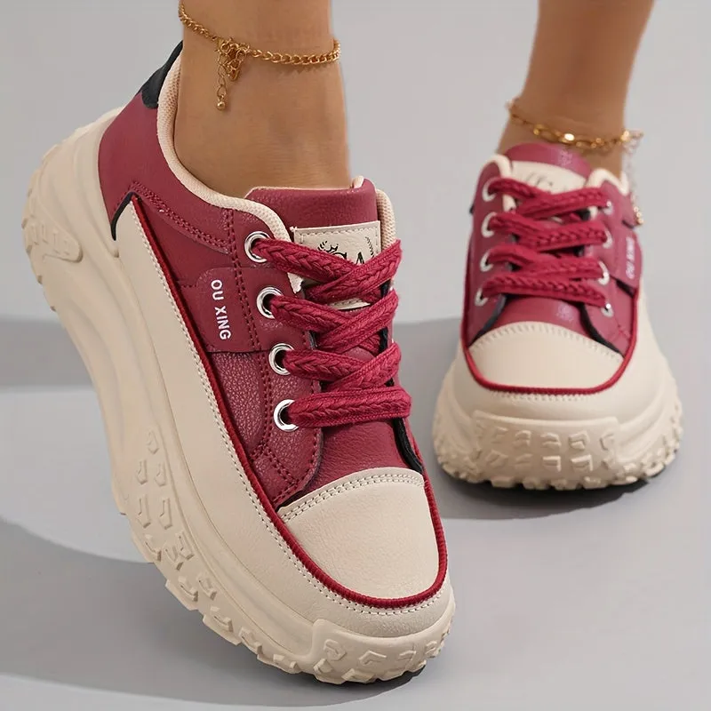 Stylish Women's Solid Color Lace Up Sneakers - Soft, Breathable, and Comfortable Platform Walking Shoes with Low-Top Design, Versatile Style, and Cushioned Insoles for Daily Wear