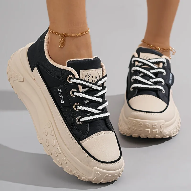 Stylish Women's Solid Color Lace Up Sneakers - Soft, Breathable, and Comfortable Platform Walking Shoes with Low-Top Design, Versatile Style, and Cushioned Insoles for Daily Wear