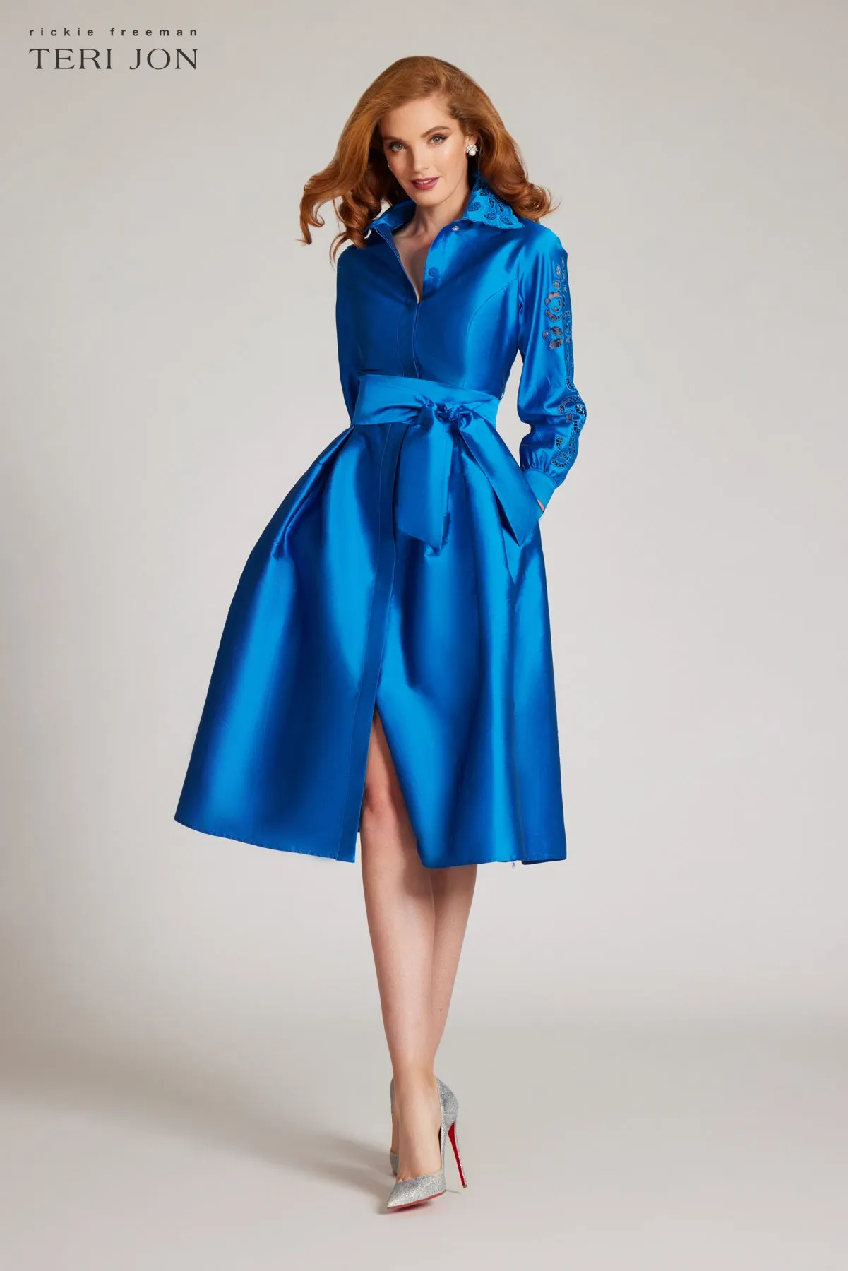 Taffeta Eyelet Collar and Sleeve Shirt Dress