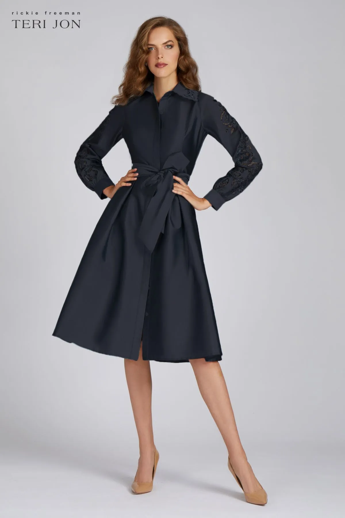 Taffeta Eyelet Collar and Sleeve Shirt Dress