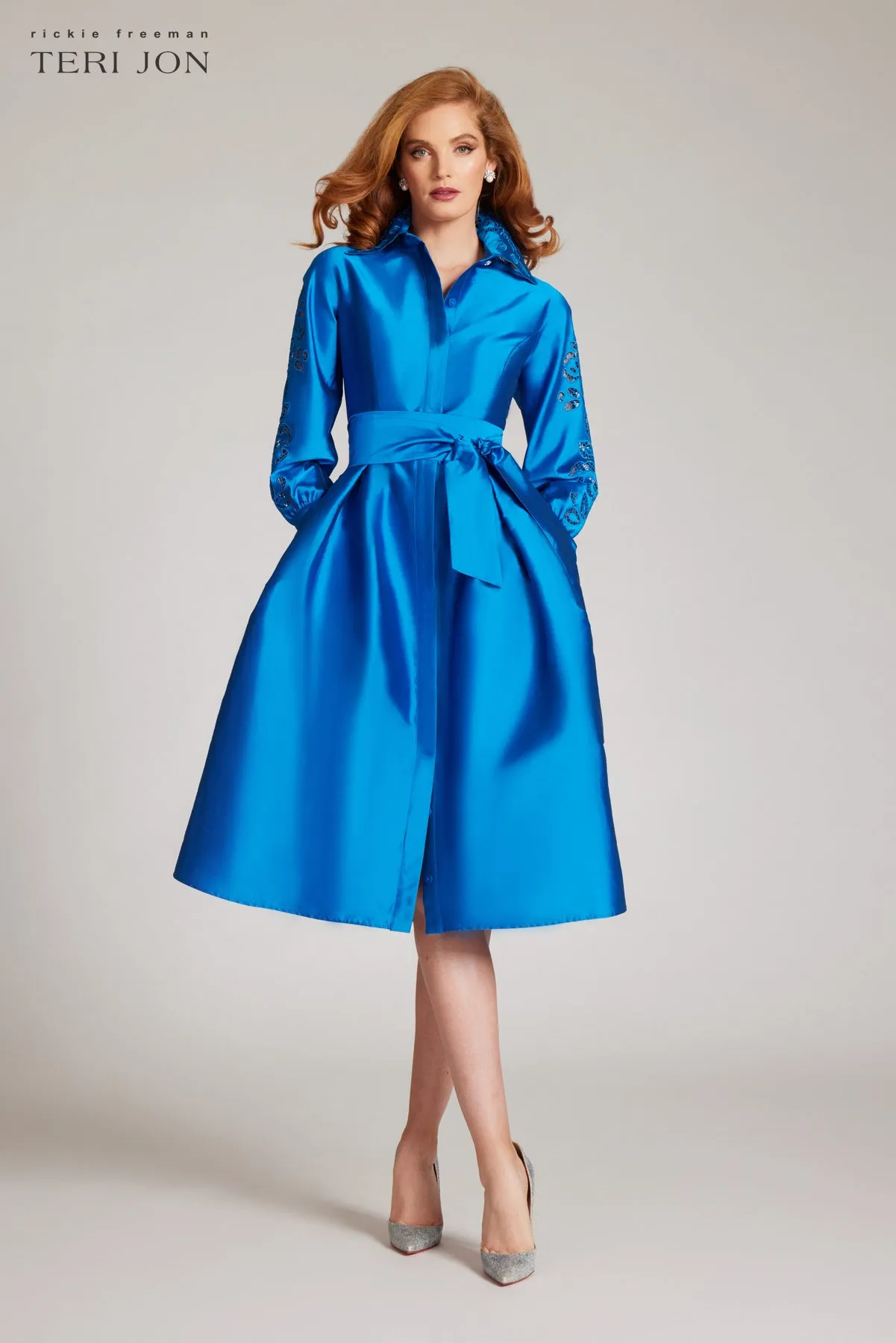 Taffeta Eyelet Collar and Sleeve Shirt Dress