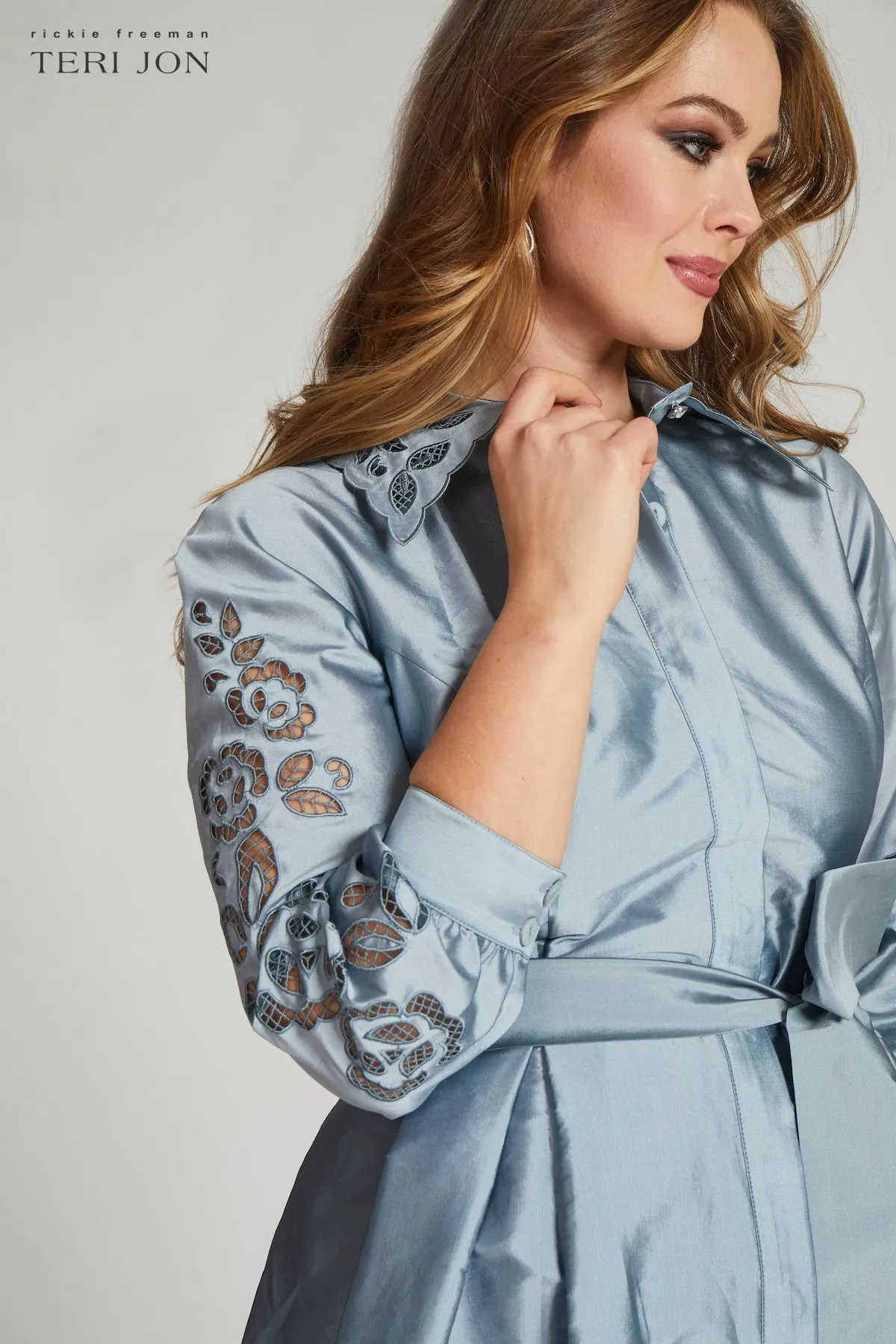 Taffeta Eyelet Collar and Sleeve Shirt Dress