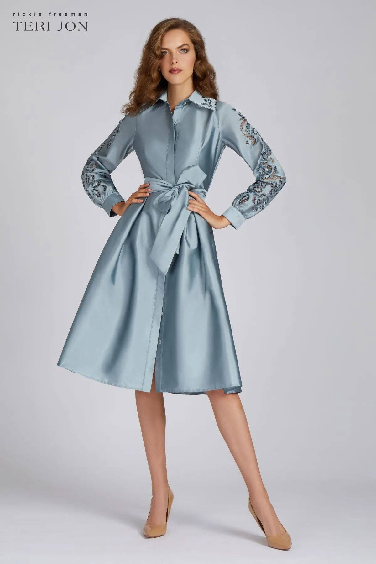 Taffeta Eyelet Collar and Sleeve Shirt Dress