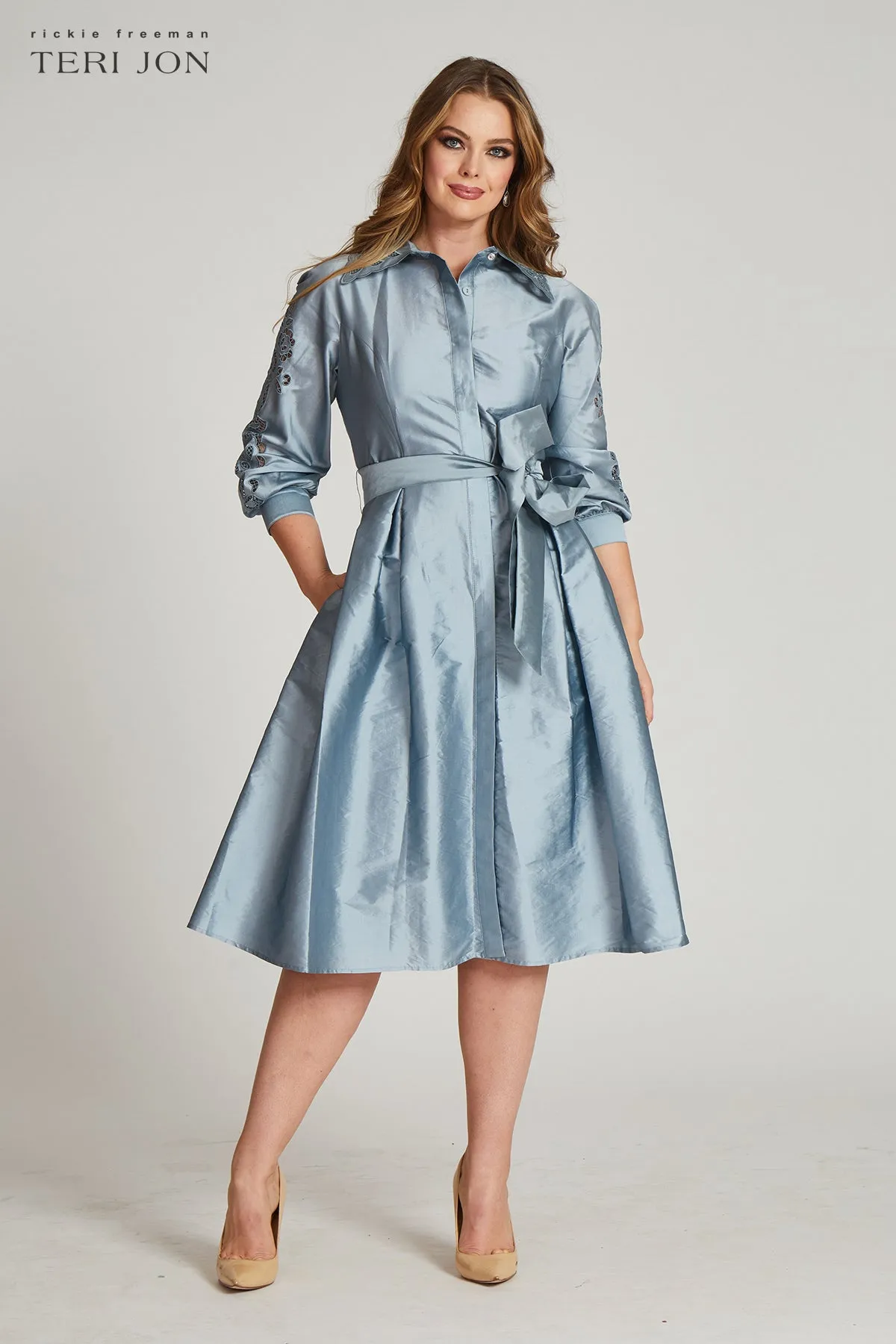 Taffeta Eyelet Collar and Sleeve Shirt Dress