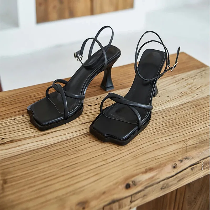 TAVIMART  -  Summer Narrow Band Heel Sandals Women Thick Heel 7 CM Ankle Strap Fashion Square Toe Ladies Dress Sandalias Women's shoes