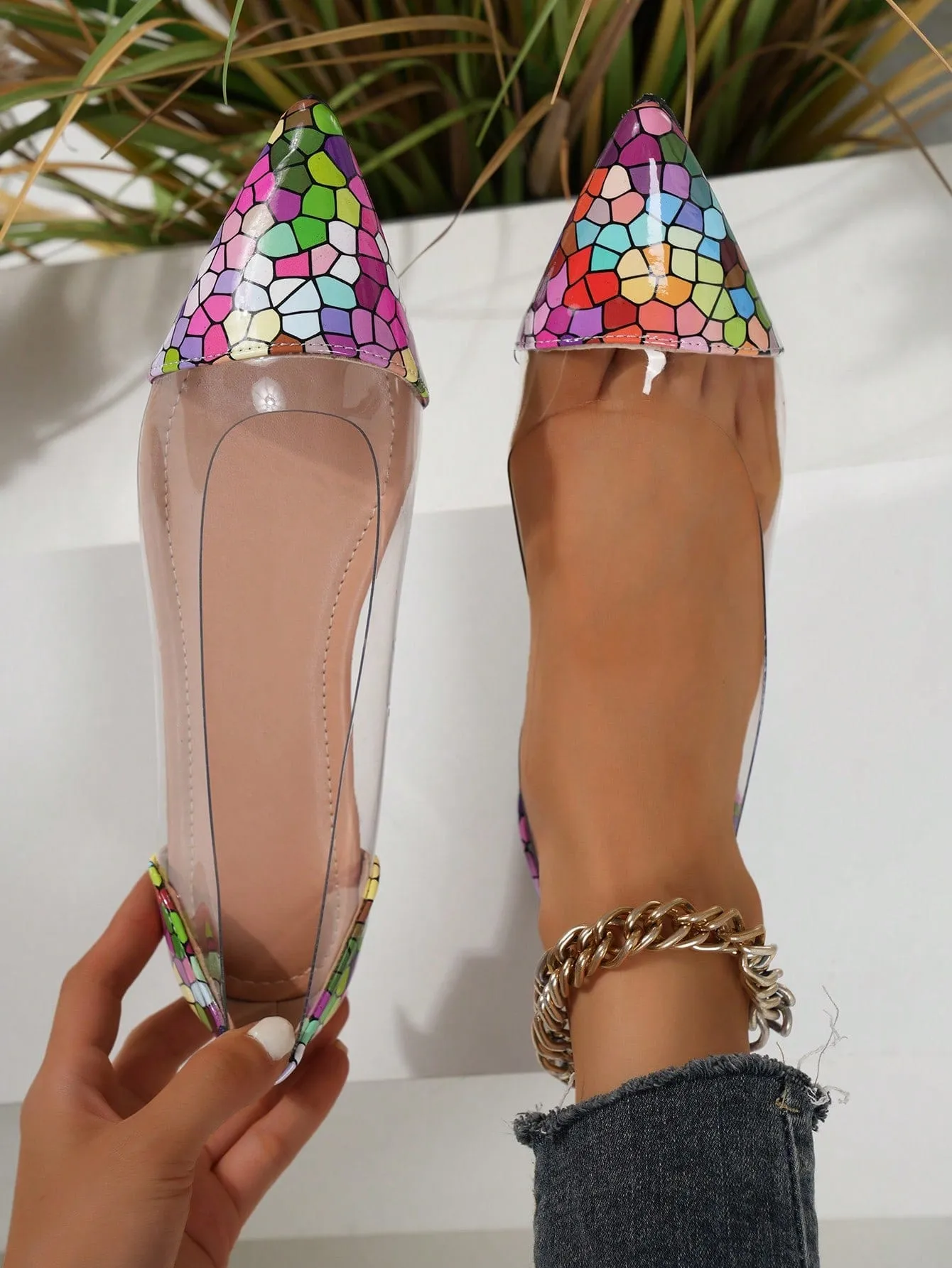 Transparent Pointed Flat Shoes, Classic Color Block Comfortable Flat Shoes