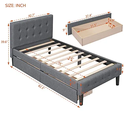 Twin Size Upholstered Platform Bed with Storage Drawers Linen Platform Bed with Button Tufted Headboard and Wood Slats Support for Boys, Girls, Kids, Teens, No Box Spring Needed, Gray