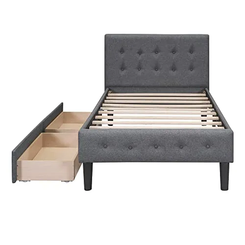 Twin Size Upholstered Platform Bed with Storage Drawers Linen Platform Bed with Button Tufted Headboard and Wood Slats Support for Boys, Girls, Kids, Teens, No Box Spring Needed, Gray