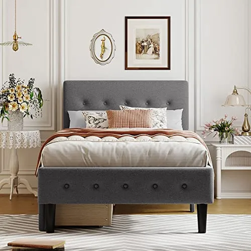 Twin Size Upholstered Platform Bed with Storage Drawers Linen Platform Bed with Button Tufted Headboard and Wood Slats Support for Boys, Girls, Kids, Teens, No Box Spring Needed, Gray