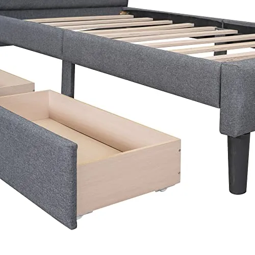 Twin Size Upholstered Platform Bed with Storage Drawers Linen Platform Bed with Button Tufted Headboard and Wood Slats Support for Boys, Girls, Kids, Teens, No Box Spring Needed, Gray