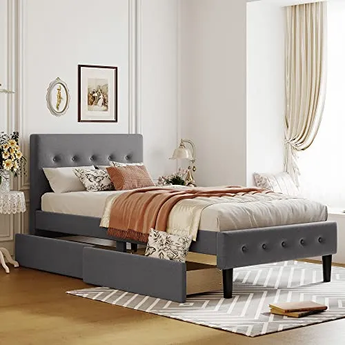 Twin Size Upholstered Platform Bed with Storage Drawers Linen Platform Bed with Button Tufted Headboard and Wood Slats Support for Boys, Girls, Kids, Teens, No Box Spring Needed, Gray