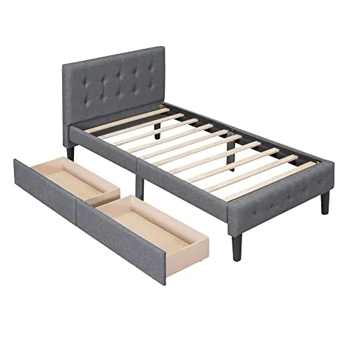 Twin Size Upholstered Platform Bed with Storage Drawers Linen Platform Bed with Button Tufted Headboard and Wood Slats Support for Boys, Girls, Kids, Teens, No Box Spring Needed, Gray