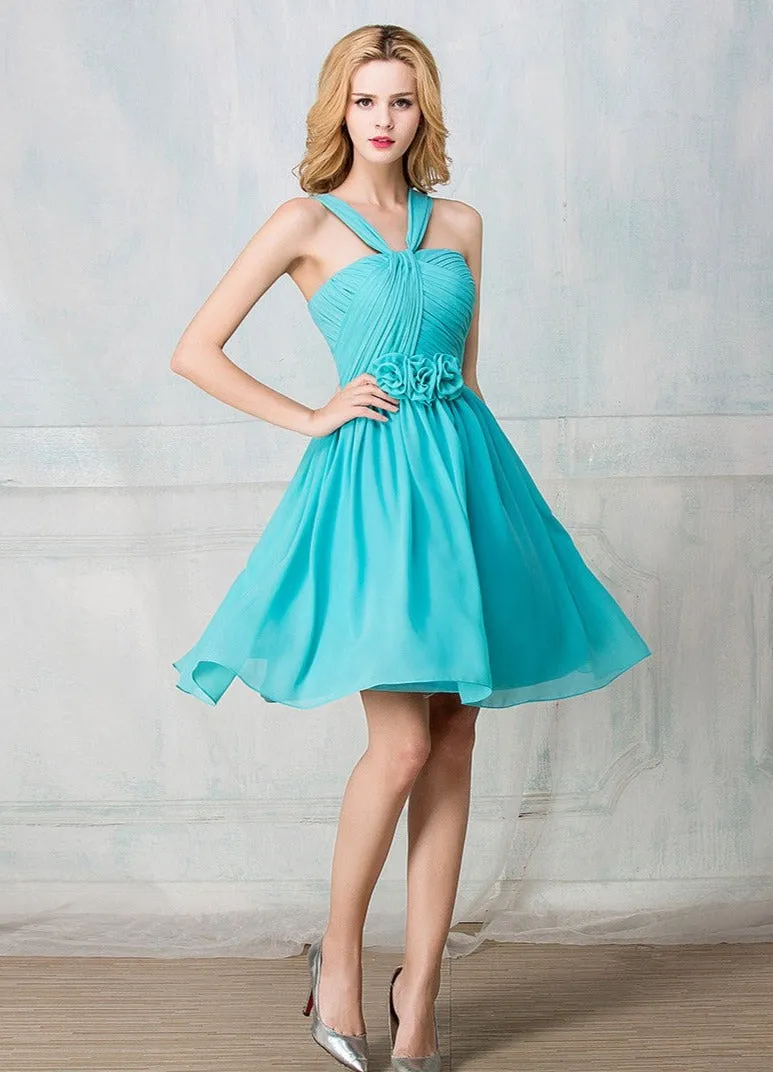 Twisted haltered cocktail-length chiffon short prom dress