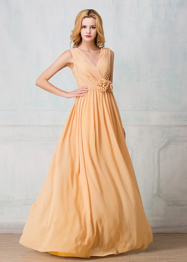 V-shape neckline full-length chiffon long prom dress