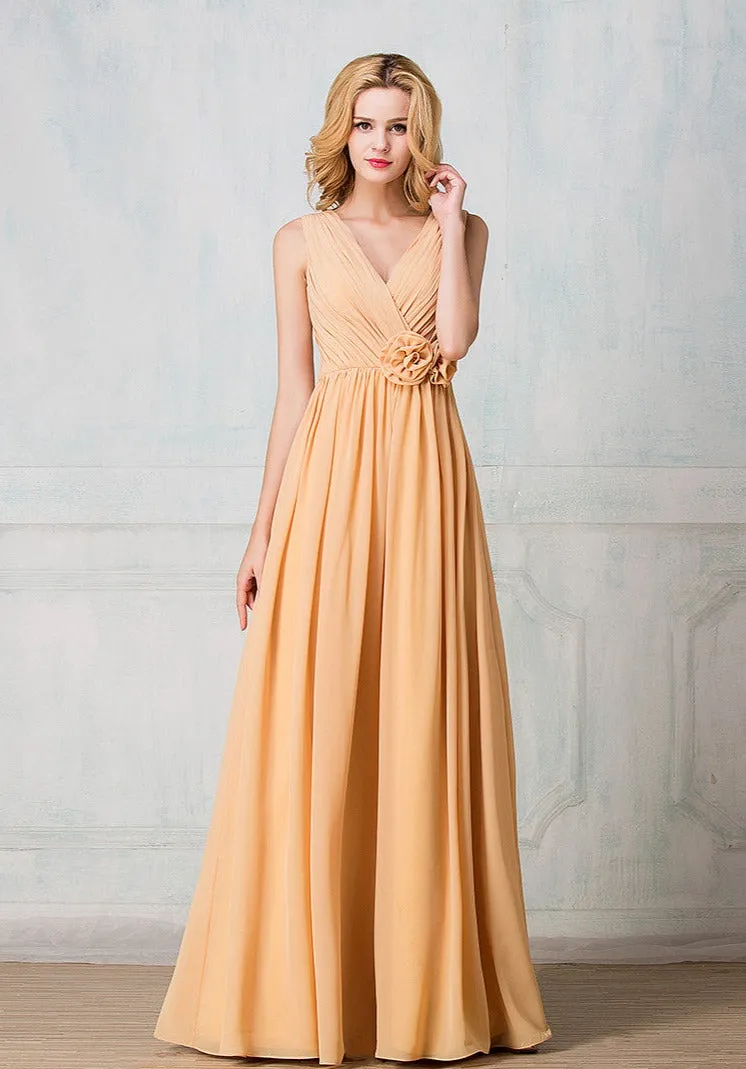 V-shape neckline full-length chiffon long prom dress