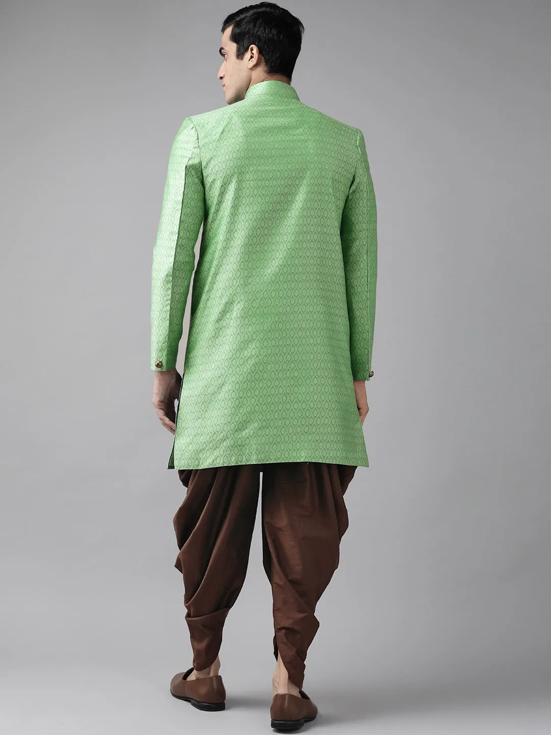 VASTRAMAY  Men's Green And Coffee Silk Blend Sherwani Set