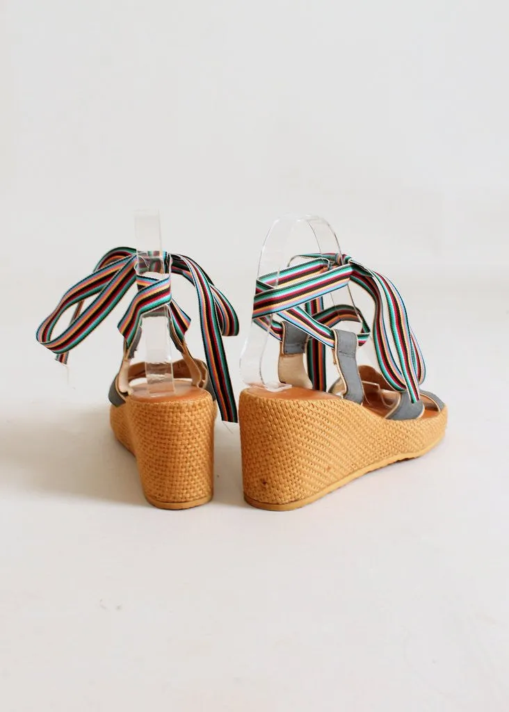 Vintage 1970s Rainbow Ribbon Ankle Tie Platform Sandals