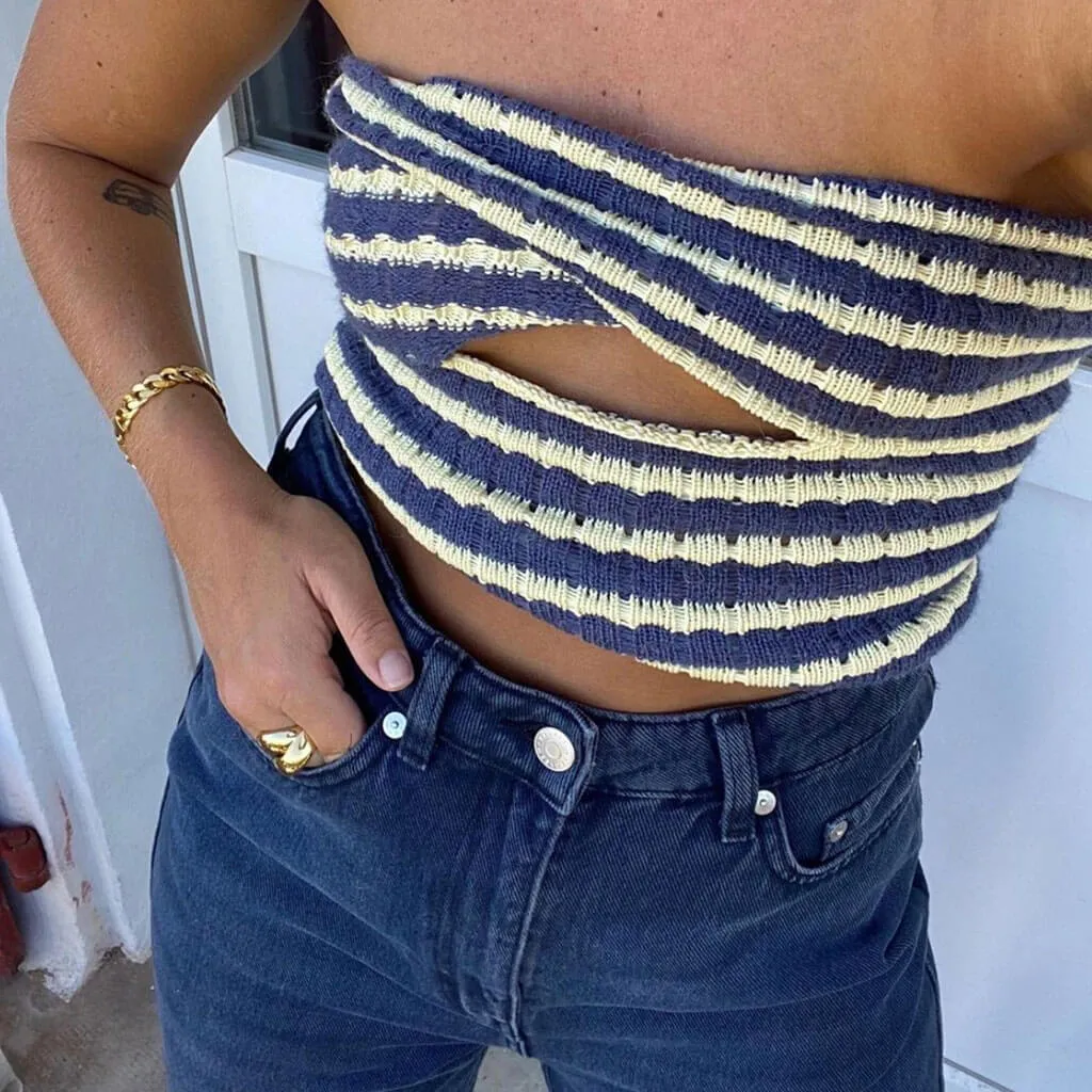 Vintage Striped Strapless Twist Front Cut Out Crop Knit Top - Blue