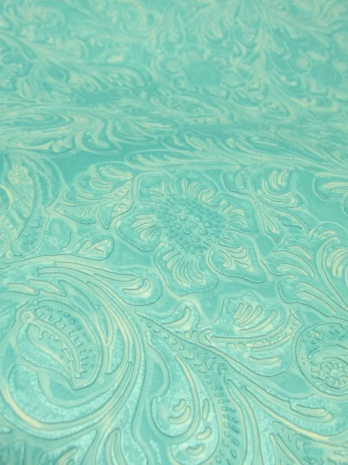 Vintage Western Floral Pu Leather Fabric / Turquoise / By The Roll - 30 Yards