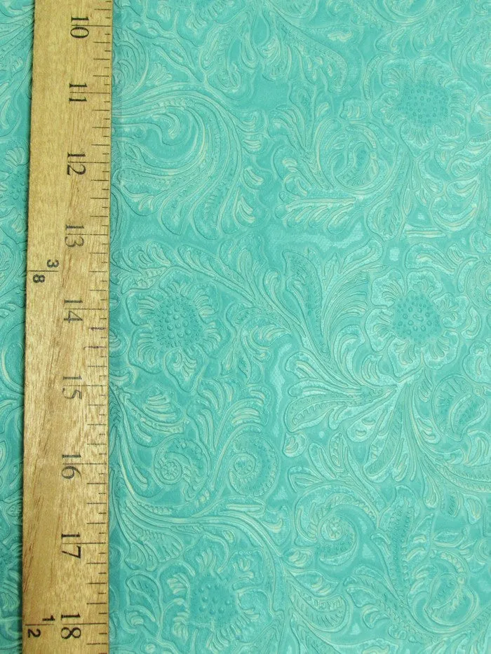 Vintage Western Floral Pu Leather Fabric / Turquoise / By The Roll - 30 Yards